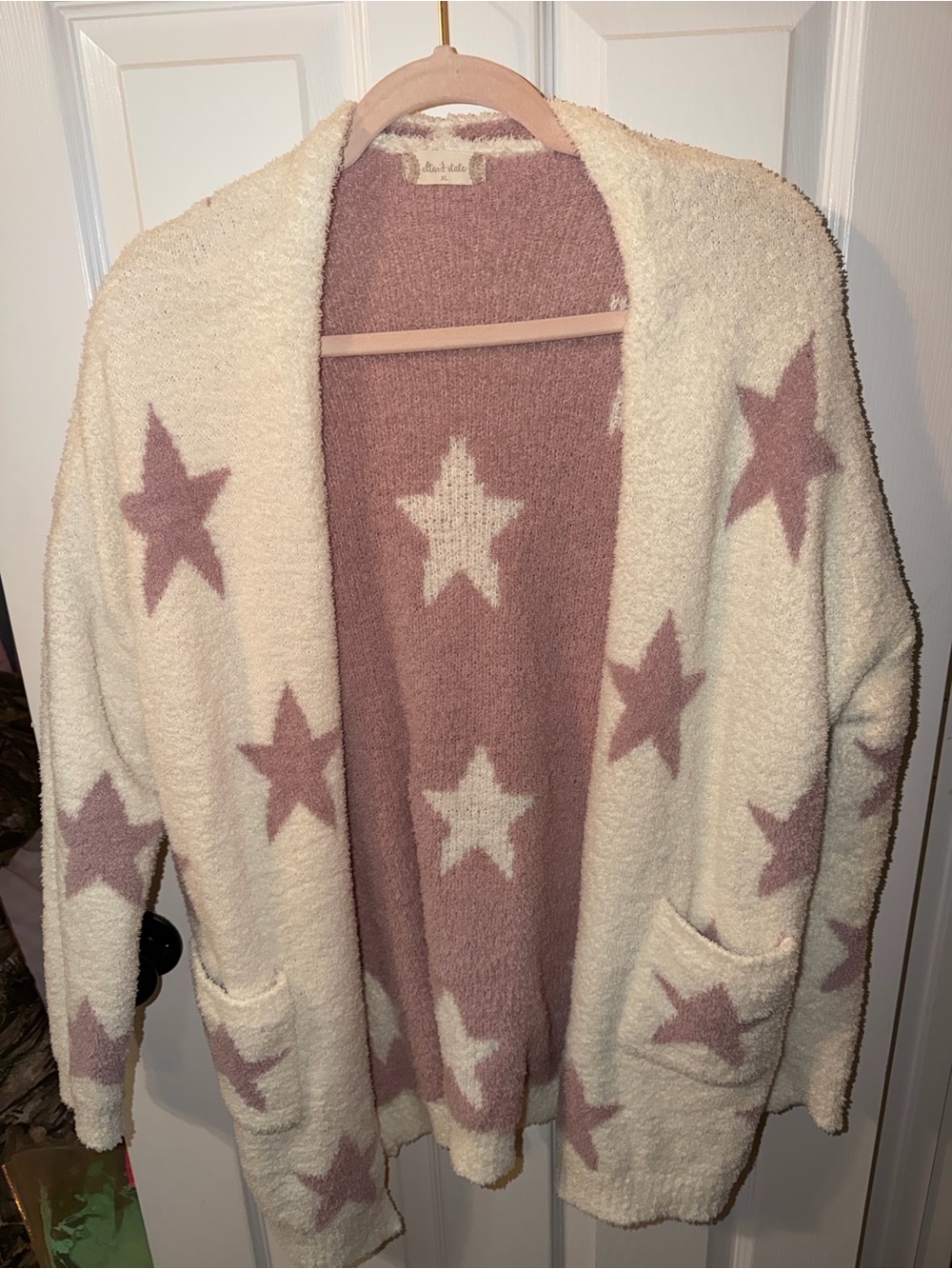 Cozy Star-Pattern Open Cardigan - Pink & Cream